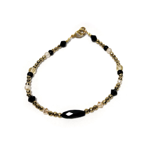 Black Bi-Cone Crystal and Metal Faceted Bead Bracelet