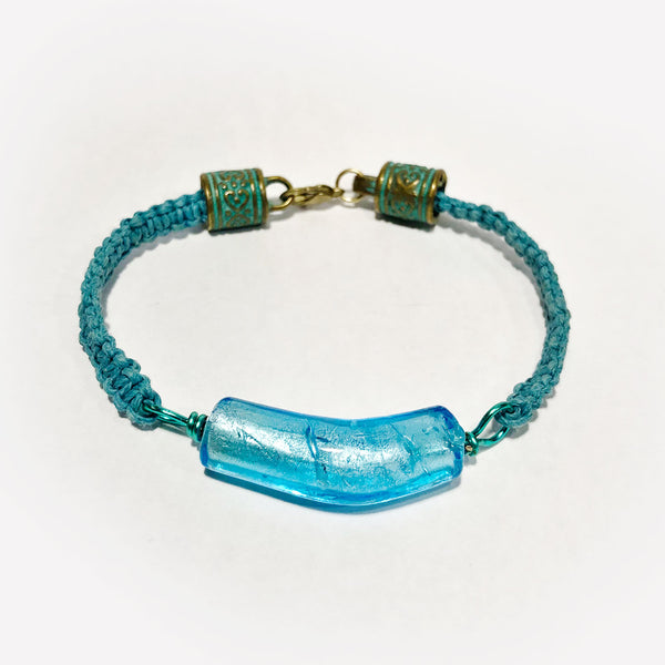 Two-Part Blue Macrame Bracelet with Blue Glass Accent Bead