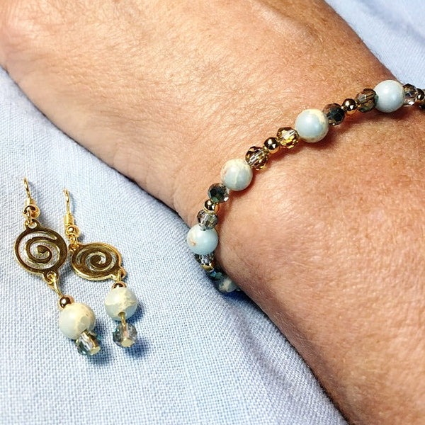 Bracelet en jaspe bleu océan et cristal + boucles d'oreilles bonus