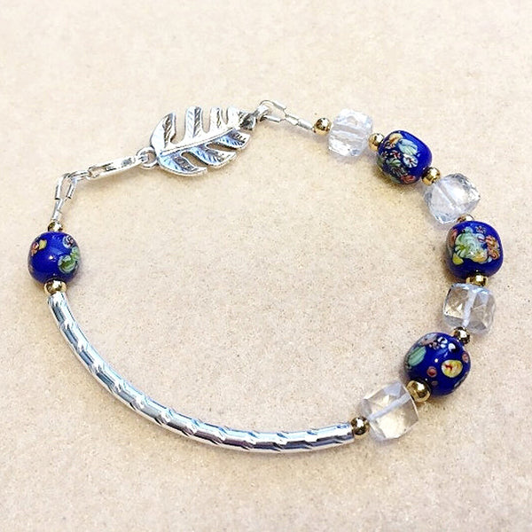 Blue quartz beaded bracelet with leaf clasp