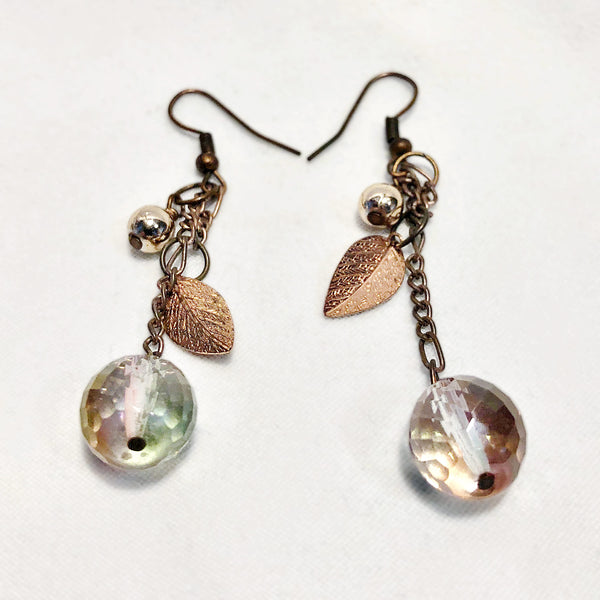 Copper and crystal earrings with leaf accents