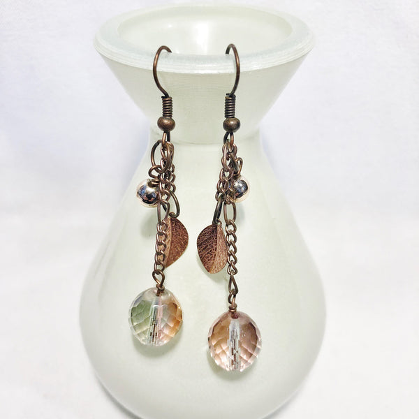 Copper and crystal earrings with leaf accents