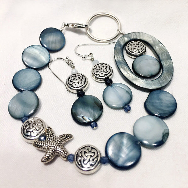 Dusky blue shell bracelet and matching earrings