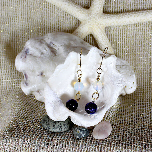 Earrings with amethyst and glass opal beads and 14k-gold trim