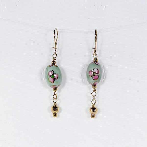 Earrings with green and pink handpainted flower design beads