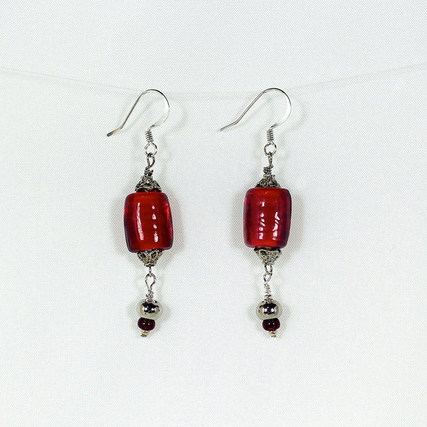 Vintage silver and red glass bead earrings