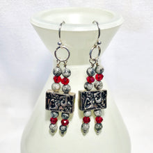 Granite and red crystal earrings with silver calla lilies