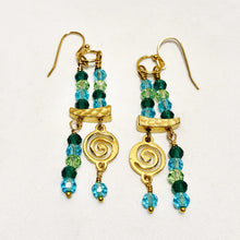 Green and blue earrings with gold infinity swirl