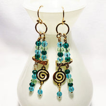 Green and blue earrings with gold infinity swirl