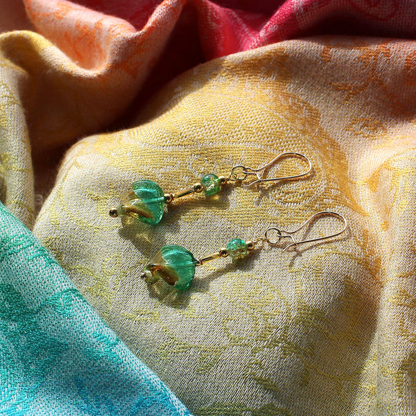 Twisted green and gold crackle glass bead earrings