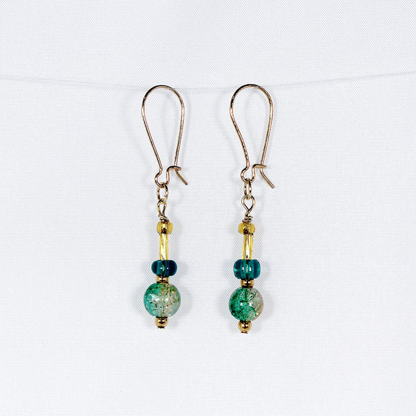 Green and gold crackle glass earrings