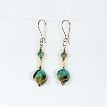 Twisted green and gold crackle glass bead earrings