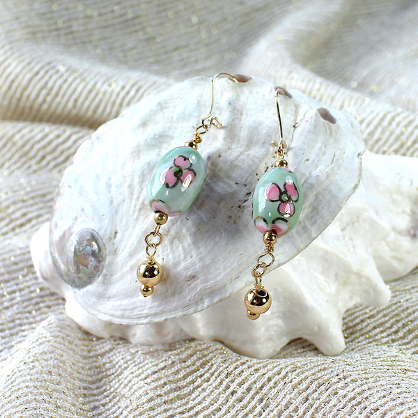 Earrings with green and pink handpainted flower design beads