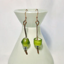 Hammered copper earrings with green glass beads