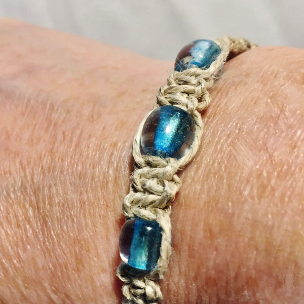 Macrame Bracelet with Vintage Blue Glass Beads