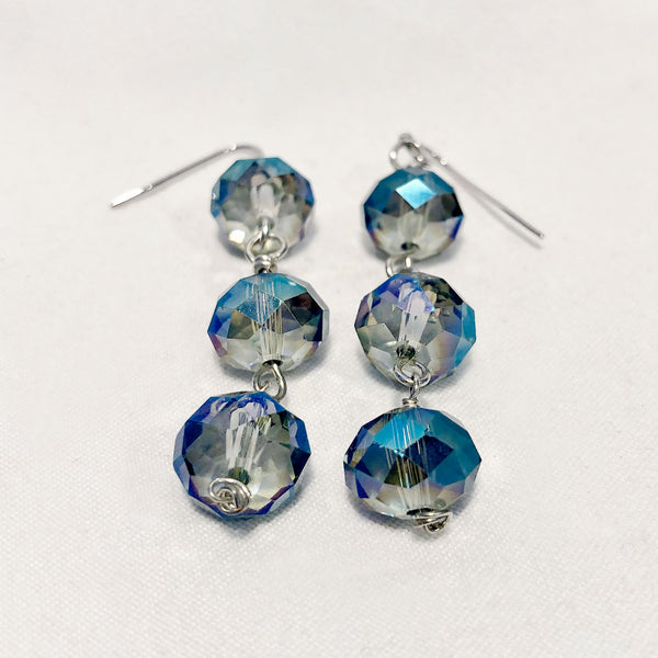 Stormy ocean-blue Swarovski crystal triple-drop earrings