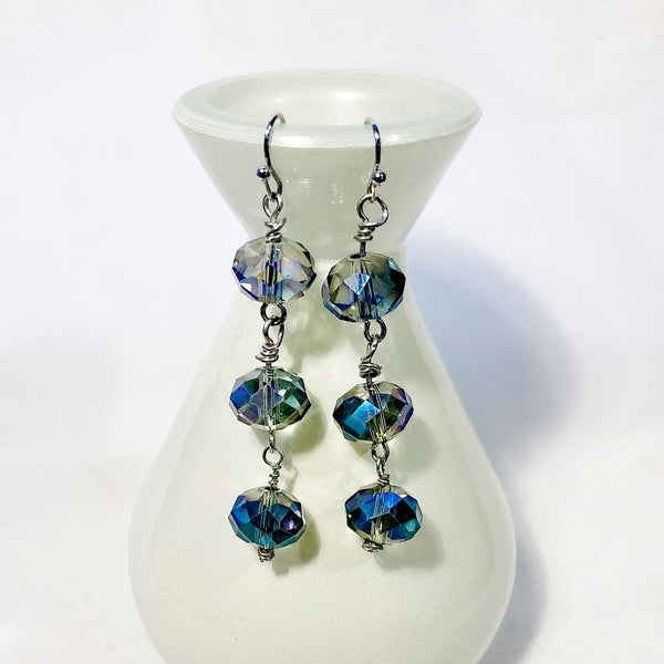 Stormy ocean-blue Swarovski crystal triple-drop earrings