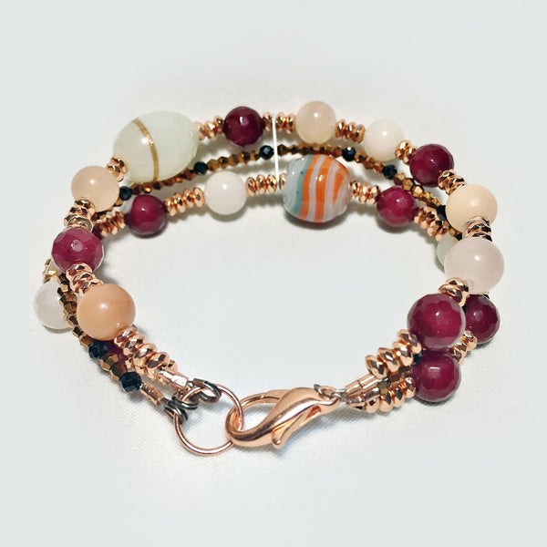 Triple Strand Copper, Peach Moonstone, Red Bead Bracelet