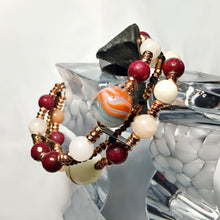 Triple Strand Copper, Peach Moonstone, Red Bead Bracelet