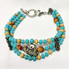 Turquoise glass wood bracelet with silver dragonfly heart bead