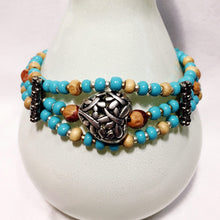 Turquoise glass wood bracelet with silver dragonfly heart bead