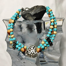 Turquoise glass wood bracelet with silver dragonfly heart bead