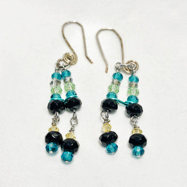 Turquoise green black glass crystal chandelier earrings