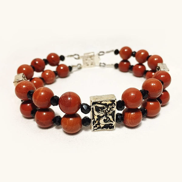 Two-strand red jasper bracelet with calla lily metal beads